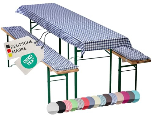 NYVI Bierbankauflagen Set NYVIGala 240x70 cm Blau Kariert - 1x Tischdecke für 220x50 cm Biertische & 2X Gepolsterte Auflage für 220x25 cm Bierbänke - Sitzauflage für Bierzeltgarnitur