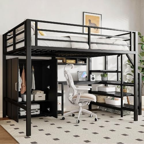 PUGSDRLY Lit Mezzanine 2 Place,Lit Mezzanine Enfant 140x200cm avec Escalier de Rangement,Bureau et Armoire,Design de Clôture Haute,Cadre de lit en Fer pour Adolescent (Noir)