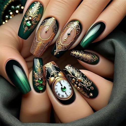 24 Pieces Gradients Green Black Long Square Press On Nails Coffin False Nails With Glossy Vintage Clock Pattern Designs