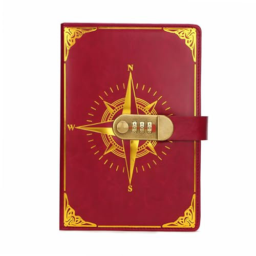 Regerly Journal avec Serrure, 1 Pièce Carnet De Note avec Serrure Journal En Pu Cuir avec Serrure Ournal Intime avec Code(Modèle De Boussole) Convient Aux Élèves De Bureau Et d'École (rouge)