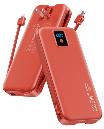 Portable Charger, 12000mAh 22.5W Fast Charging Power Bank with Built-in Cables & Wall Plug, Travel Essential Battery Pack with LED Display, USB C Battery Phone Charger for iPhone, iPad, Samsung Red