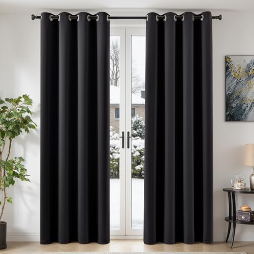 TOPICK Blackout Bedroom Thermal Curtains W 52 x L 84 Inch Drop Long, Super Soft Eyelet Darkening Curtain 2 Panels, Soundproof Black Out Curtains & Drapes for Living Room