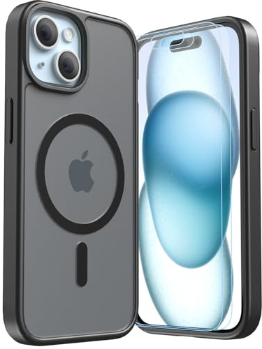 LUNOVATE Magnetic Shockproof for iPhone 15 Case, 14FT Protective Cover, Anti-Slip Texture Translucent Matte Phone Case with 2 Screen Protector for iPhone 15 - Black Matte