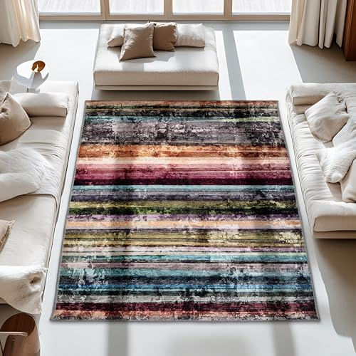 Carpido Farbenfroher Teppich Wohnzimmer, Schlafzimmer - Weiches Flachgewebe für Innen - Flauschiger Kurzflorteppich - Teppich Streifen bunt, 200 x 280 cm