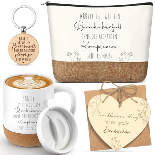 Xuniea Abschiedsgeschenk Kollegin 360 ml Kaffeetasse mit Spruch | Schlüsselanhänger, Kosmetiktasche, Holzkarte und Umschlag, Keramiktasse, Ruhestand, Dankeschön, Kündigungsgeschenk