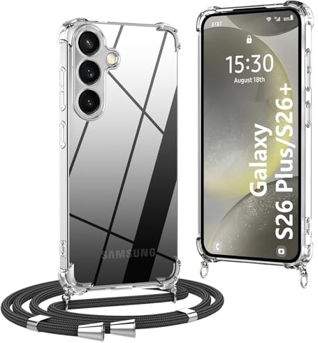 OLEPHY Handykette für Samsung Galaxy S26 Plus 5G Hülle mit Band, Schwarz | Necklace Hülle mit Band, Handyhülle zum Umhängen, Soft Transparent Case mit Kordel, Stoßfeste Schutzhülle,
