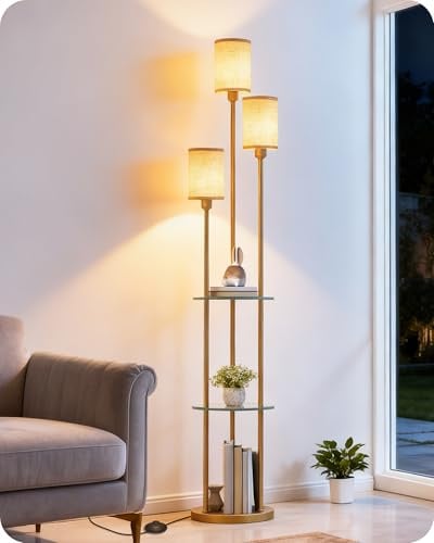 GOEBLESON Stehlampe Wohnzimmer mit Ablage, 3-flammige Stehleuchte mit Regal | Beige und Glas Standleuchte aus Holz mit Fußschalter, E27 Fassung, Leinen, für Wohnzimmer Schlafzimmer