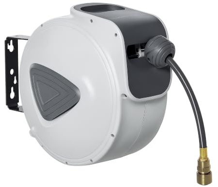 DURHAND Enrouleur automatique pour tuyau à air comprimé de 20 m Raccord 1/4'' BSP avec support mural pivotant à 180° Diamètre intérieur 3/8'' (9,5 x 15 mm) Gris