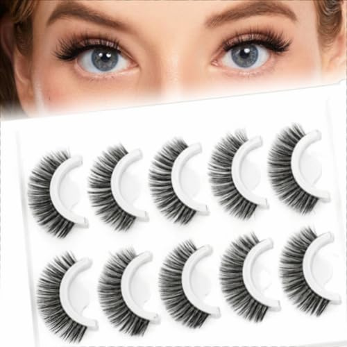 LEBKFT 5 Pairs Pre Glued Eyelashes, Self Adhesive Lashes No Glue Needed Pre Glued Lashes Wispy False Lashes Reusable for Natural Look Cat Eye Lashes Beginner-Friendly (Thick Style)