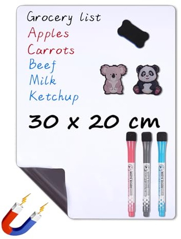 WIBOSOGA Magnetische Whiteboard-Folie für den Kühlschrank – 30 x 20 cm (A4) | kleine Magnettafel für die Küche, trocken abwischbar, schmutzabweisende Oberfläche, inkl. 3 Markern und 1 Radierer