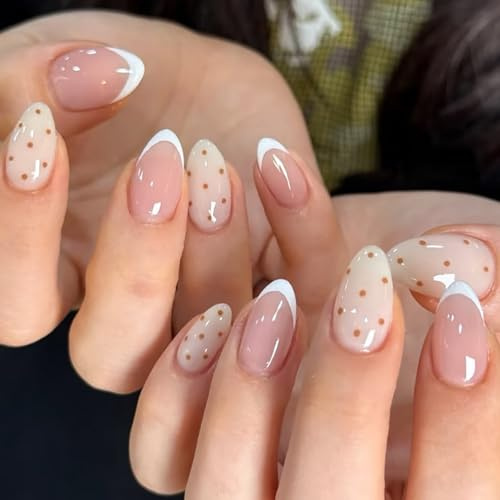 Short Press on Nails - 24PCS Almond False Nails French Tip - White Dots Fake nails with Glue - French Manicure Stick on Nails - Full Cover Acrylic Nail Tips - Strong Glue on nails for Women Long Last
