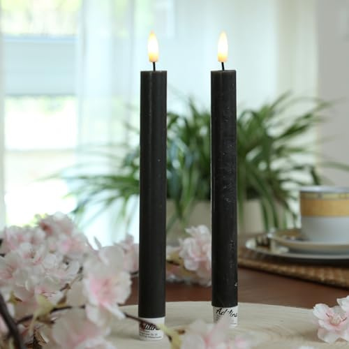 ADILINA LED Stabkerzen Rustik-Optik schwarz Echtwachskerzen Dinnerkerzen Spitzkerzen 2er Set mit TImer H: 24cm (2 Stabkerzen 21,5cm)