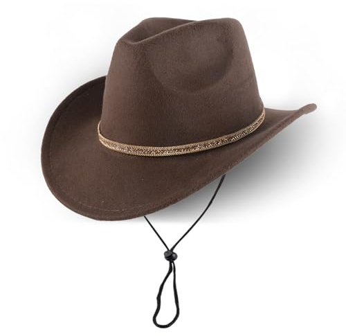 Wovella Cowboyhut Damen Herren, brauner Westernhut mit breiter Krempe, Filzhut mit Kinnband und funkelndem Hutband