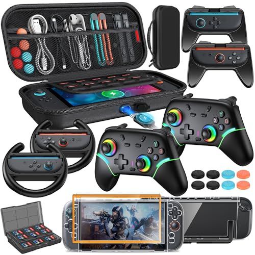 Switch 2 Zubehör und Pro-Style-Controller, FYOUNG 23-in-1 Tasche Bundle Set | Bundle Set für Nintendo Switch 2: Schwarz P-ro-Controller, Tragetasche, Schutzhülle, Griff für JoyCon2,Lenkrad für Mario Kart