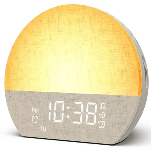 Wake Up Light Sunrise Alarm Clock,Alarm Clocks Bedside with Dual Alarms | 30 Soothing Sound Machine, Digital Alarm Clock for Kids with 8 Colors Dimmer Night Light &Timer for Heavy Sleepers Bedroom