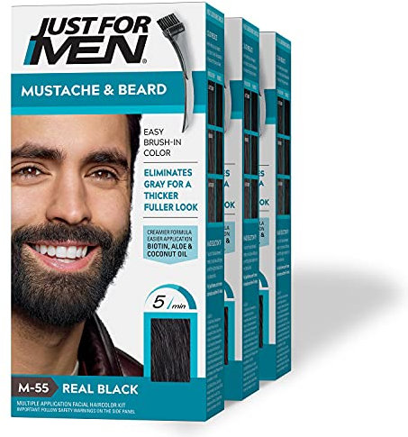 Just For Men Mustache and Beard Brush-In Color Gel, Real Black (Pack of 3)