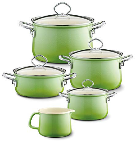 Riess KELOMAT esmalte bajo de – Juego de ollas Cacerolas Nouvelle verde esmeralda/verde esmeralda 5 piezas con pico olla