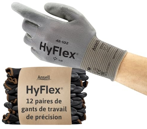 Ansell HyFlex 48-102 Guanti da Lavoro Sottili, Fodera Elastica con Rivestimento in Poliuretano, Protezione Professionale per Usi Generali e Manipolazioni Delicate, Grigio, Taglia XL (12 Paia)