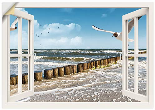 ARTland Wanddeko Wandtattoo selbstklebende Vinylfolie 100x70 cm Fensterblick Fenster Strand Meer Maritim Ostsee Möwe Himmel T5QT
