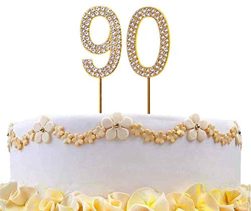 90 Gold Diamond Sparkley Cake Topper Age Year For Mans Womens Birthday Anniversary Party Decorations