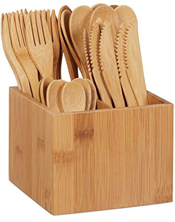 Relaxdays Bambus Besteck Set, je 10 x Messer, Gabel, Löffel & Teelöffel, Besteckhalter, wiederverwendbar, 41-tlg., natur, Hellbraun