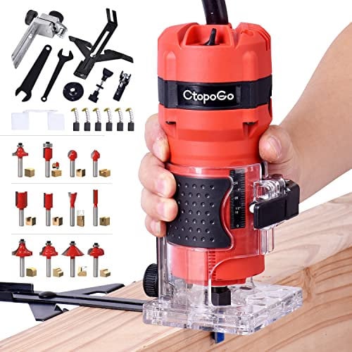 CtopoGo Compact Wood Palm Router Tool Hand Edge Trimmer Woodworking Joiner Cutting Palmming Tool 30000R/MIN 800W 220V with 12PCS 1/4 Router Bits