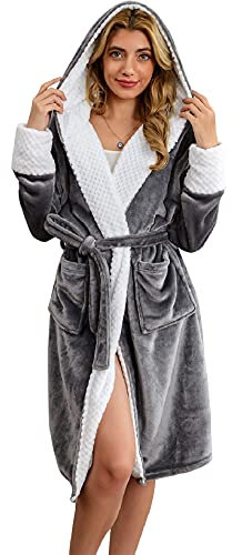UMIPUBO Women Dressing Gown Fleece Oversized Hooded Soft Bath Robe Fluffy Hooded Bathrobe Winter Blanket With Pocket Long Robe Housecoat Loungewear (Grey