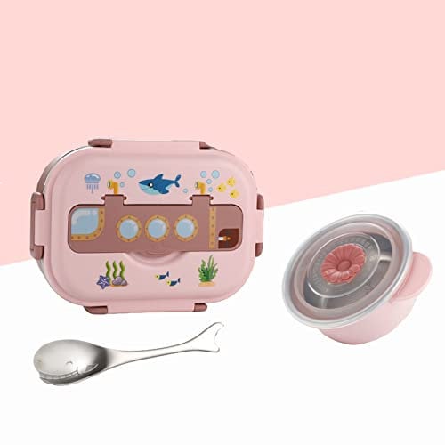 BigKing Stainless Steel Bento Lunch Box, 3 Compartment Lunch Container, Sealed Leak Proof Lunch Box, Cute Cartoon Food Box 2Lid for Kids Adults (Pink)