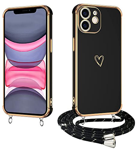 E-Lush Handyhülle für iPhone 11 Hülle mit Band, Herz Love Muster Galvanik Silikon Handy Hülle für iPhone 11 6.1 Zoll Schutzhülle mit Kordel zum Umhängen Kameraschutz Stoßfeste Case, Schwarz