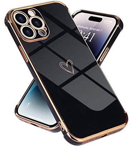 Micoden for iPhone 14 Pro Case Cute Girls Silicone Heart Pattern Design Cases Fashion Plating Edge Ultra Thin Shockproof Protective Bumper Phone Case for iPhone 14 Pro Black
