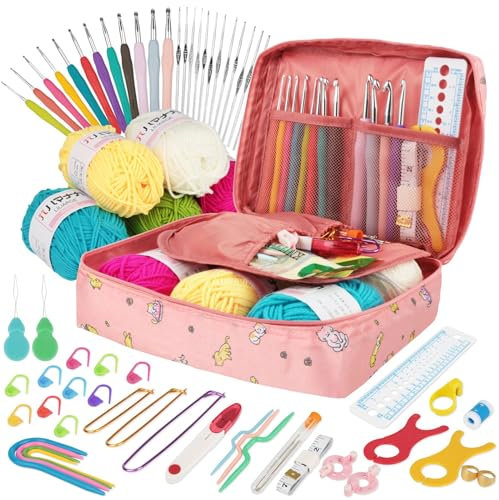 YINVA Häkelset für Anfänger 111 Stück Häkelnadel Set 0.6mm-8mm Ergonomische Häkelnadeln Crochet Set Stricken für Anfänger Set Häkelgarn Tragbaren Tasche Strickzubehör(Rosa Katze)