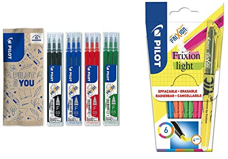 Pilot - Set mit 3 x 4 Nachfüllminen für radierbaren Kugelschreiber, Schwarz, Blau, Rot, Grün & PILOT FriXion Light, radierbarer Textmarker, 6er Set (Neonpink, Neongelb, Violett, Blau, Orange, Grün)