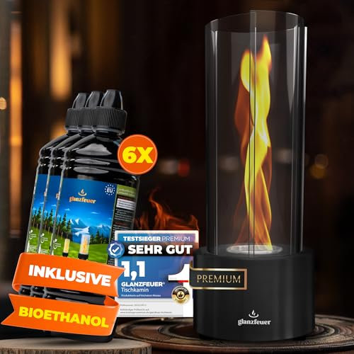 glanzfeuer® Premium Tischkamin für Indoor und Outdoor Balkon Deko 40x16x16cm, inklusive 6 x 1 Liter Flasche Bioethanol flüssig, Tischofen ohne Verrußen - Bio-Ethanolkamin, Füllmenge von 200 ml
