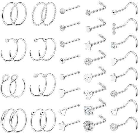 LOLIAS 23/40 Stück Nasenpiercing Set - 20G Silber Nasenring, L-förmige Gold Nasenstecker, Nostril Piercing Ring Mit CZ - Chirurgenstahl Schmuck für Damen Herren