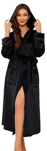 EK4YDNDS Damen Flauschig Bademantel mit Kapuze, Plüsch Bademantel Lang mit Taschen Fleece Mogenmantel leicht weich Spa