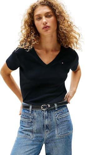 Tommy Hilfiger Camiseta de Manga Corta Mujer New Slim Cody con Cuello de Pico, Azul (Nos Desert Sky), XXL