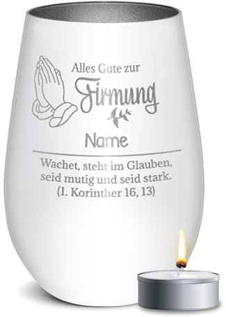 PR Print Royal Weißes Windlicht mit Gravur - Alles Gute zur Firmung - mit Name Personalisieren - Geschenke zur Firmung, Firmungsgeschenke | inkl. Teelicht, 450 ml, Innen Silber