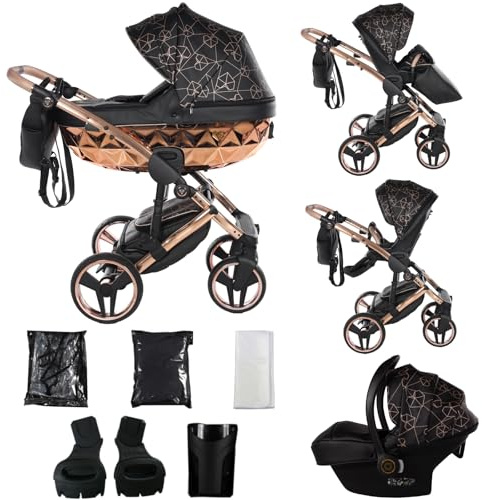 Junama Kinderwagen Diamond Heart 2in1 3in1 4in1 (02 - Schwarz und Kupfer, 3in1 mit Autositz)