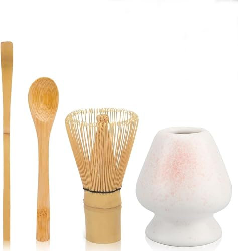 Flearitzo Juego de 4 escobas Matcha – Accesorios Matcha con Juego Matcha compuesto por batidor matcha cucharas matcha y soporte de cerámica para la preparación y ceremonias