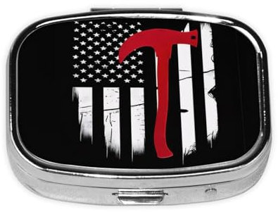 Quadratische Pillendose, rote Linie, Feuerwehrmann, USA-Flagge, 2 Fächer, Medikamentendose, wasserdicht, Taschen-Pillen-Organizer, tragbar, für Taschen oder Geldbörsen