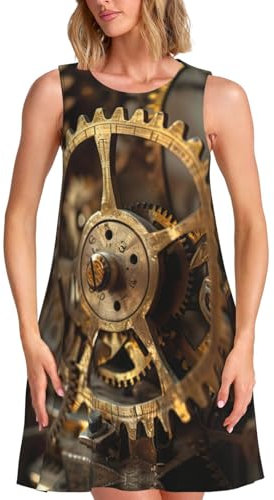 GFXEDSAH Ärmelloses Kleid mit Uhr-Getriebe-Druck, stilvolle Sommerkleider, für Strandurlaub und den Alltag, Schwarz , L