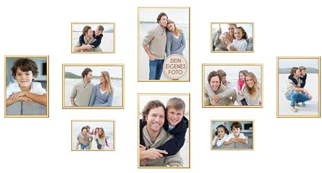 Wackadoo Bilderrahmen 10er Set gold personalisiertes Geschenk Fotodruck, Bilderwand, Hochzeitstag Familienfotos Poster mit Wunschmotiv, eigenes Foto picture frame