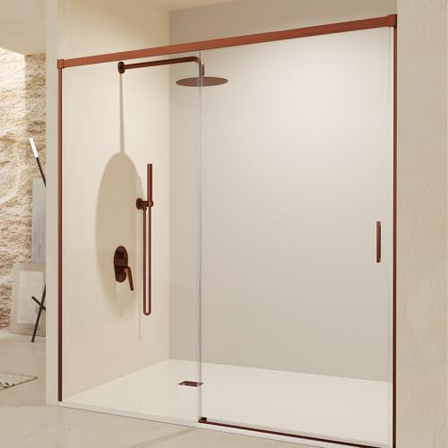 IMEX - Mampara Ducha Oro Rosa Frontal 1 Fija + 1 Corredera 100cm | Mampara de Cristal Reversible con Ancho Adaptable 96 a 101cm | Perfilería de Aluminio con 195cm de Altura y Cristal Templado Antical