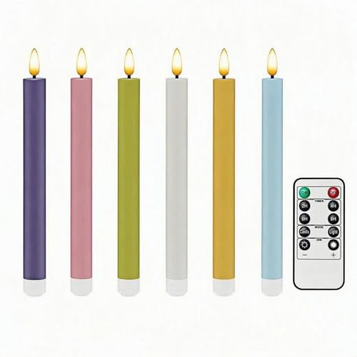 Simplelight Pastel Flameless Taper Candles, Remote, Timer, Multi Color | Spring Battery Operated Candles, LED Candlesticks, Easter LED Taper Candle Battery Operated Set of 6 H:9 Inch