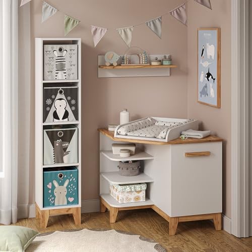 VitaliSpa Table à Langer Malia, Blanc/Artisan, 85x85.2cm | avec porte, plan à langer amovible pour une utilisation comme commode d’angle