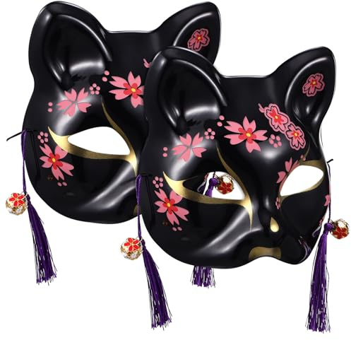 WRITWAA 2 pièces Masque Chat Cerisier Noir Plastique Léger pour Femmes Masque Japonais Demi-visage avec Motif Fleur de Cerisier pour Soirées Masquées Carnaval et Cosplay