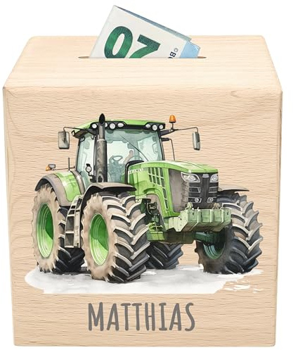 Traktor Spardose für Jungen personalisiert Trecker Geschenk Kinder Sparschwein aus Holz Geldgeschenk zum Geburtstag (Grün)