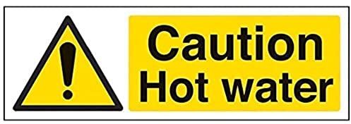 V Safety 62012AX-S Caution Hot Water Sign - Landscape - 300mm x 100mm - Self Adhesive Vinyl, Black/Yellow