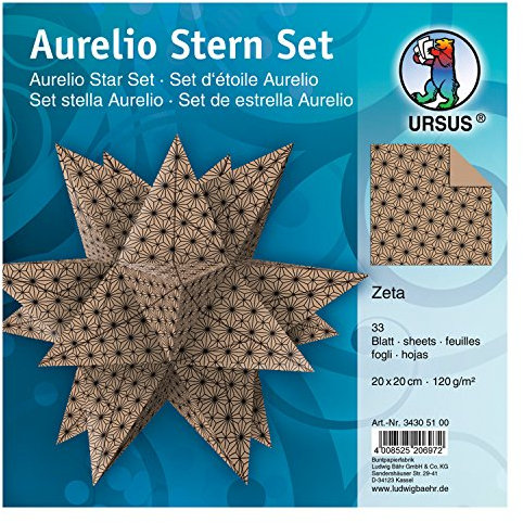 Ursus 34305100 - Faltblätter Aurelio Stern Zeta, braun / schwarz, 33 Blatt, aus Kraftpapier 120 g/qm, ca. 15 x 15 cm, einseitig bedruckt, ideal als Weihnachtsdeko