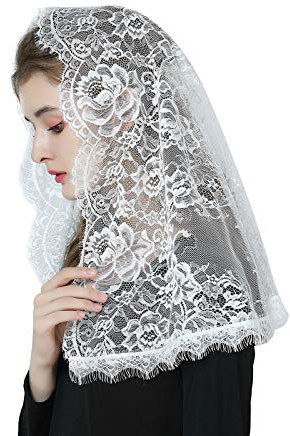 BEAUTELICATE Damen Mantilla Schleier Spitze Kapelle Katholisch Schleier Schal Stola Kopfbedeckung Spitze Schwarz Weiß für Katholischen Kirche Latin Mass kirchliche Hochzeit Braut V114 Weiß